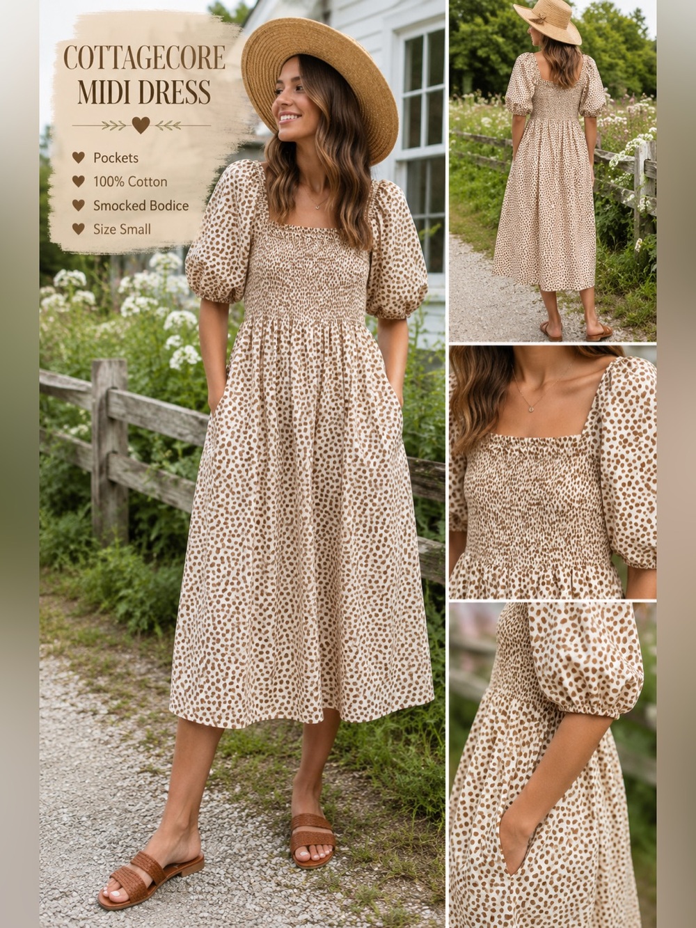 Fashion Jackson The Drop Smocked Polka Dot Midi Dress Small Cottagecore Pockets